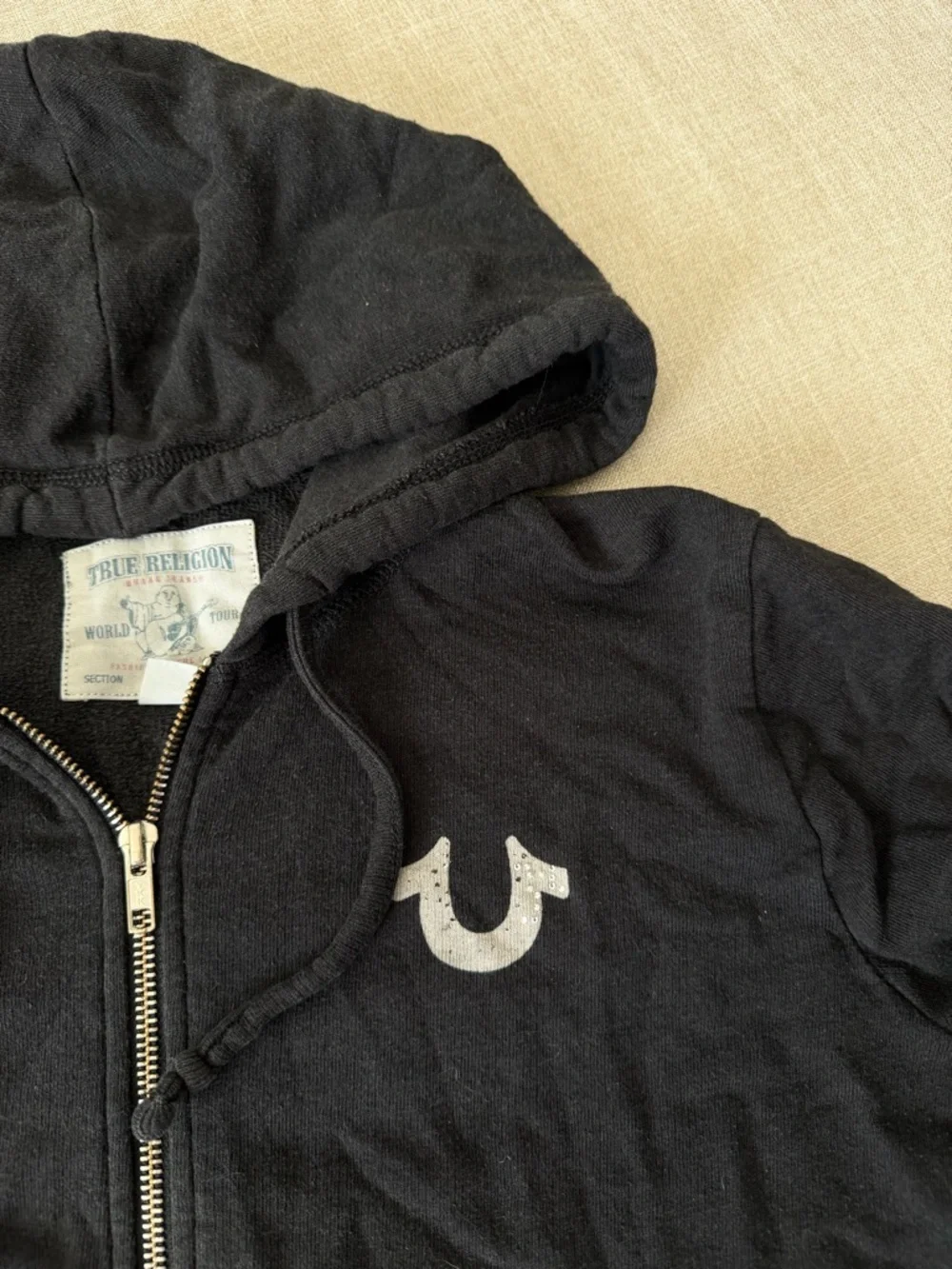 True Religion Black World Tour Zip Up Hoodie Buddha Guitar Logo Y2K